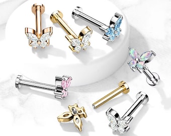 CZ Butterfly Internally Threaded Labret Cartilage Stud