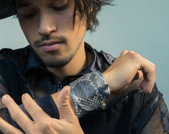 Black silver python bracelet, leather bracelet men, leather cuff for men, wide python cuff, snake bracelet for men, Burningman