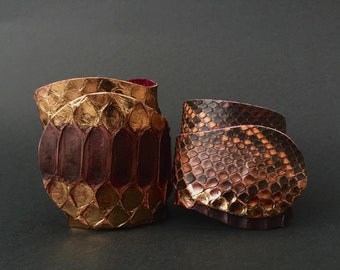 Bracelet en python véritable. Bracelet en cuir marron et bronze, bracelet en cuir de haute qualité, cadeau pour elle, cadeau de Noël.