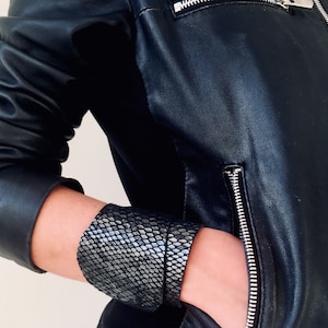 Adjustable leather cuff bracelet, black leather cuff, Snake print leather wristband, womens leather cuff, Valentines gift