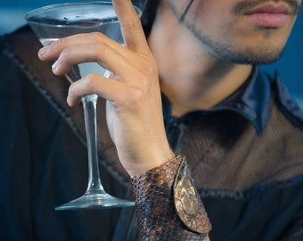 Gold Brown python Bracelet, wide leather bracelet, snakeskin bracelet, python leather cuff for men, leather cuff, leather bracelet for men