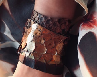 Gold Brown python Bracelet, wide leather cuff, snakeskin bracelet, python leather cuff, women&#39;s leather bracelets, leather cuff for women