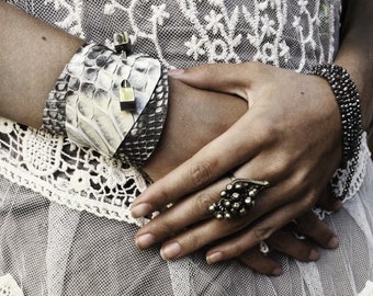 Natural python leather cuff, Boho leather cuff bracelet, Black and white link leather wristband