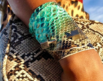 TURQUOISE Python LEATHER CUFF Bracelet For Women – Handmade Wide Boho Wristband, Unique Adjustable Fit Soft Italian Leather Wrist Cuffs