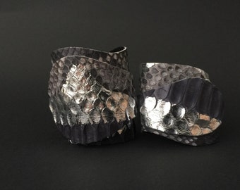 Black and silver leather wristband , adjustable snakeskin bracelet , exclusive leather cuff bracelet, Burning man jewelry