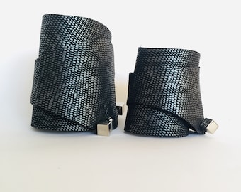Embossed Black leather Wristband, Black leather cuff bracelet that closes with a piercing, Adjustable black cuff, Unisex wristband