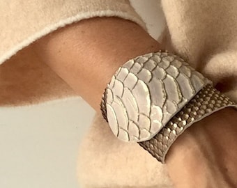 Leather cuff bracelet, White and Gold wristband, Snake print bracelet, Adjustable cuff