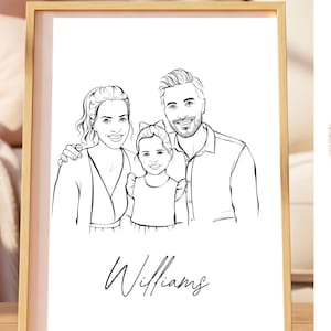 Portrait dessin au trait de famille personnalisé à partir de la photo | Impression numérique dessinée à la main | Cadeau familial personnalisé | Art mural minimaliste