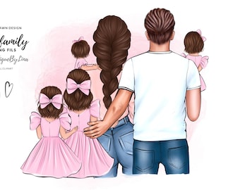 Family Clipart: Parents and Four Daughters PNG (Digital Download)
