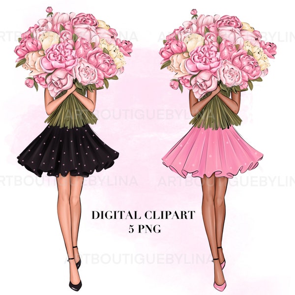 Spring Summer Clipart, Flowers Clip Art, Fashion Girl Clipart, Bug peony bouquet PNG, Planner Babe, Planner Stickers, Fashion Illustration