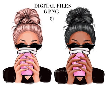 Girl With Coffee Clipart: Hand Drawn PNG Bundle (Digital Download)