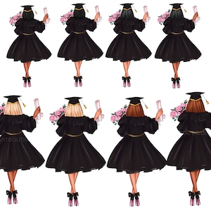 May include: Eight illustrations of graduates wearing black caps and gowns, holding diplomas and bouquets of pink flowers. Each graduate is facing away from the viewer.