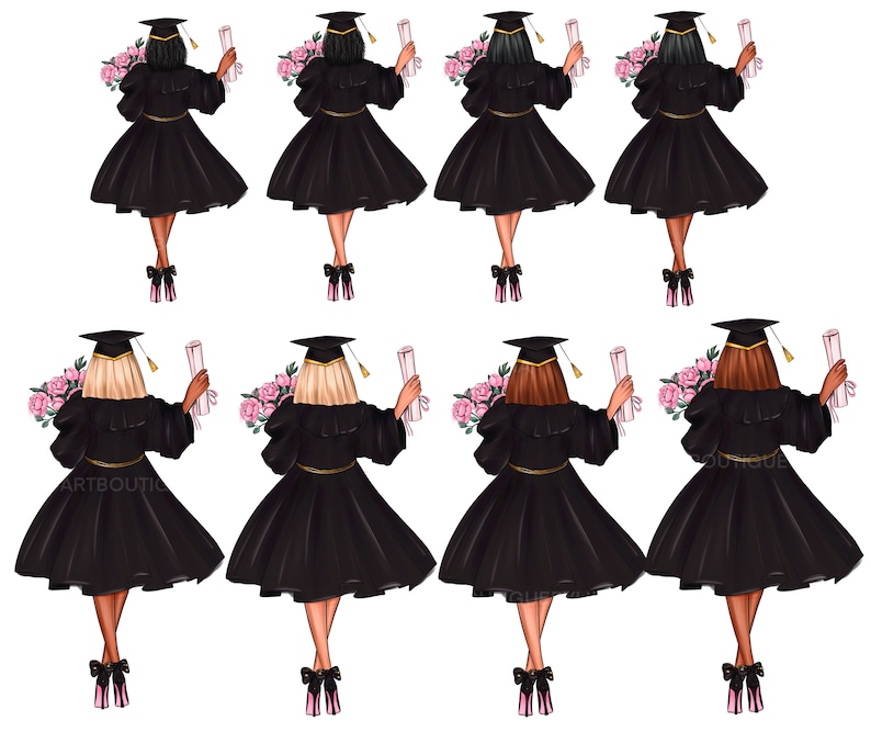 May include: Eight illustrations of graduates wearing black caps and gowns, holding diplomas and bouquets of pink flowers. Each graduate is facing away from the viewer.