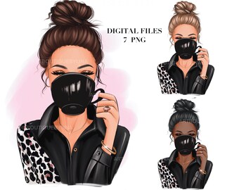 Girl With Coffee Clipart, Leopard Print, Sublimation Design (PNG)