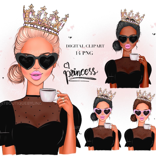 Fashion Illustration, Girl Clipart, Fashion Girl, Girl with Coffee, Princess clipart, Sublimation design, Commercial use