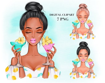 Summer Girl Clipart: Cocktails Life PNG, Fashion Illustration (Digital Download)