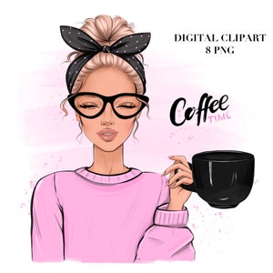 Coffee lover, Girl with coffee clipart, Pink girl clipart, Fashion Girl Clipart, Girl With Coffee Cup, Sublimation Design PNG