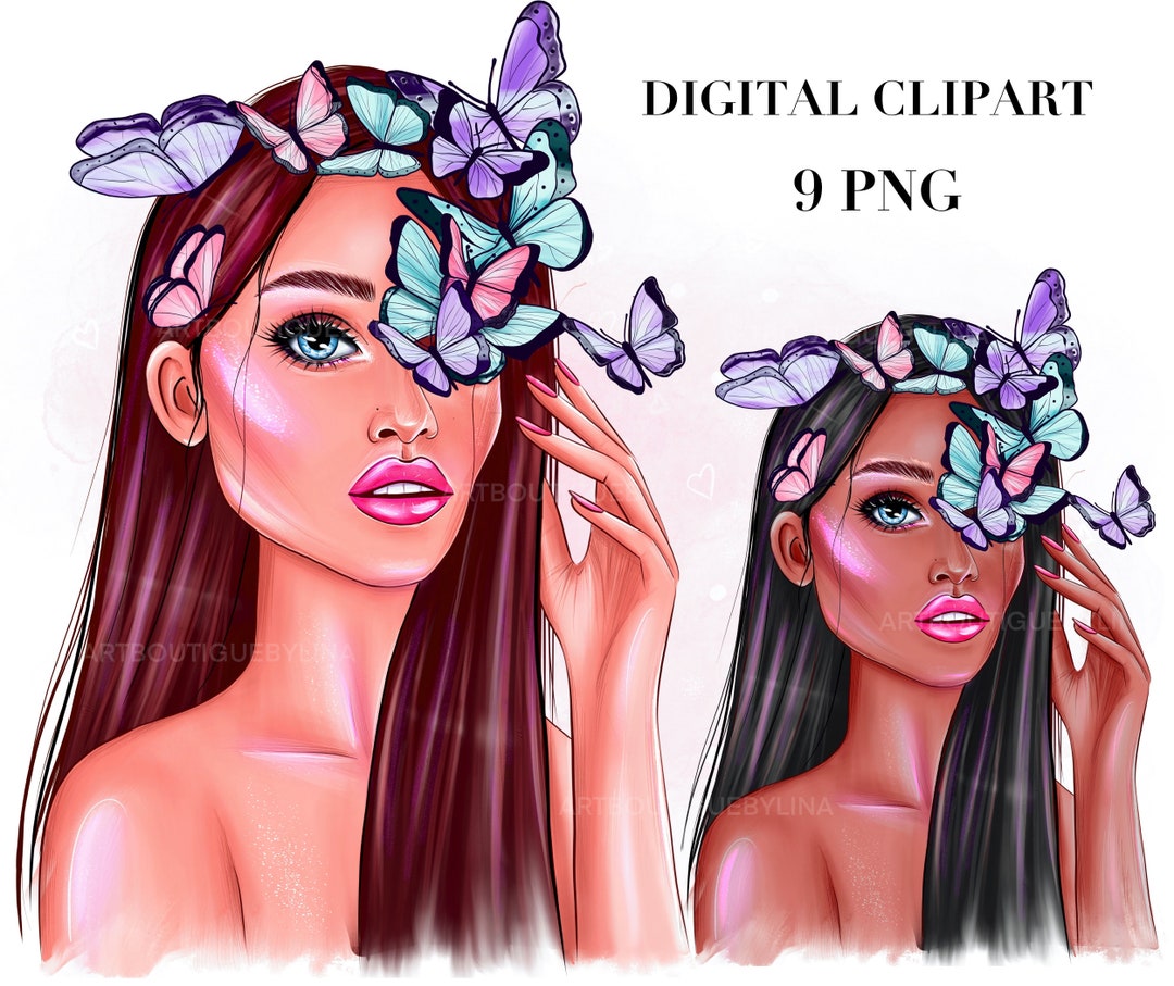 Fashion Girl Clipart, Womans Hairstyle, Girl With Butterfly, Summer ...