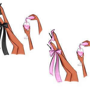 May include: Two illustrations of legs in high heels with bows. One illustration has a black bow and the other has a pink bow. Both illustrations show a hand pouring pink liquid into a wine glass.