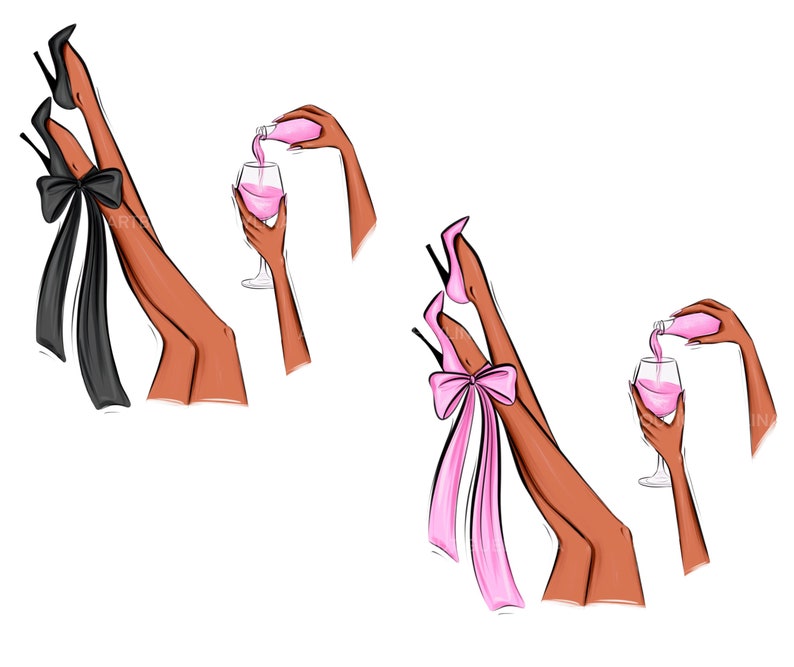 May include: Two illustrations of legs in high heels with bows. One illustration has a black bow and the other has a pink bow. Both illustrations show a hand pouring pink liquid into a wine glass.