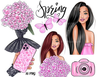 Spring floral flower clipart, Summer Clipart, Printable art, Girl with flowers, Fashion girl, Planer stiker set
