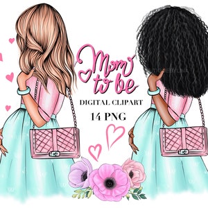 Puede incluir: Dos ilustraciones de mujeres embarazadas con bolsos rosas y el texto "Mom to be" y "Digital Clipart 14 PNG".