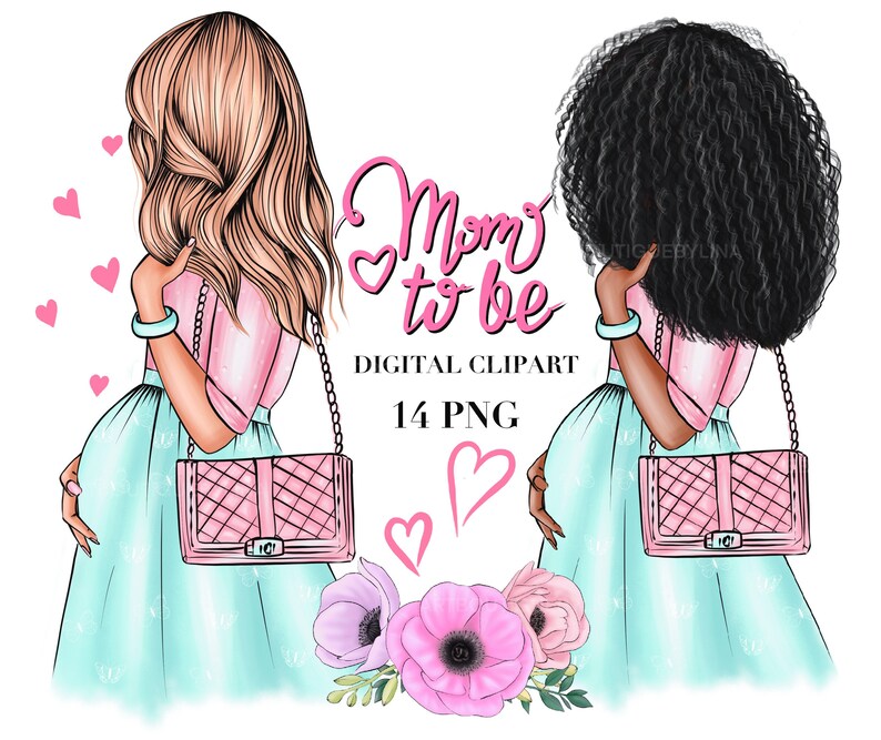 Puede incluir: Dos ilustraciones de mujeres embarazadas con bolsos rosas y el texto "Mom to be" y "Digital Clipart 14 PNG".