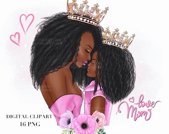 Afro american mother daughter clipart, mom girl clipart, mommy clipart, Mother’s Day clipart, Princess clinart, Fashion princess