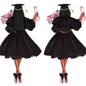 May include: Two illustrations of a Black graduate wearing a black cap and gown, holding a diploma and a bouquet of pink flowers. The graduate is wearing black heels with pink bows.