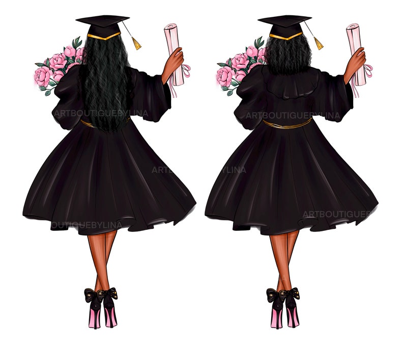 May include: Two illustrations of a Black graduate wearing a black cap and gown, holding a diploma and a bouquet of pink flowers. The graduate is wearing black heels with pink bows.