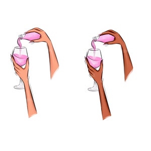 May include: Two illustrations of hands pouring pink liquid from a bottle into a wine glass.