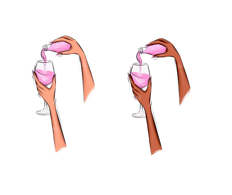 May include: Two illustrations of hands pouring pink liquid from a bottle into a wine glass.
