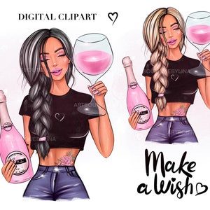 Wine Birthday Clipart: Fashion Girl PNG, Alcohol Sublimation Design (Digital Download)