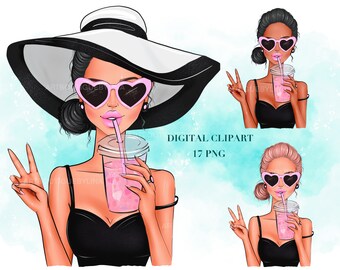 Summer Mood Fashion Illustration, Trendy beach vacation, Glam lady,  Pink Clipart, Beach Clipart, Sublimation graphics