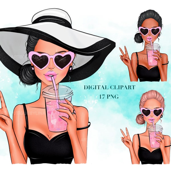 Summer Mood Fashion Illustration, Trendy Beach Vacation, Glam Lady, Pink Clipart, Beach Clipart, Sublimation Grafik