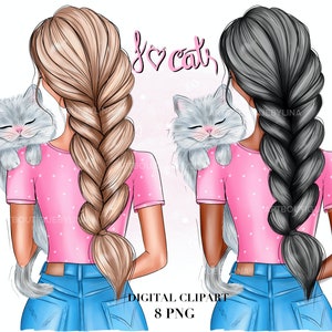 Girl with Cat Clipart: Fashion Illustration, DIY Graphics (8 PNG) (Digital Download)