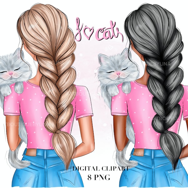 Clipart girl with cat, Fashion illustration, Cute clip art, Planner girl, African American, Hand Drawn clipart, Digital Art