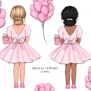 Mädchen Clipart, Tochter Clipart, Luftballons Clipart, Geburtstag Party Clipart, Baby Mädchen Clipart, PNG für kreative Projekte