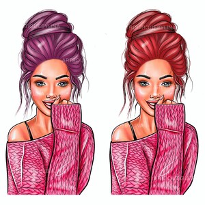 May include: Two illustrations of women with different colored hair, both wearing pink sweaters with a cable knit pattern. The women are smiling and have their hands on their cheeks.