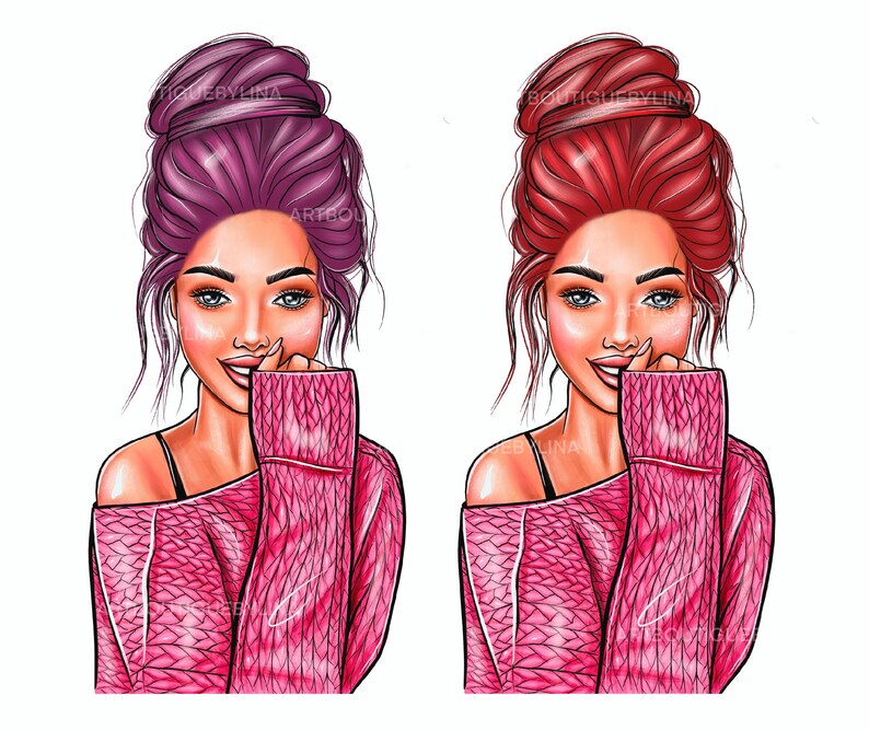 May include: Two illustrations of women with different colored hair, both wearing pink sweaters with a cable knit pattern. The women are smiling and have their hands on their cheeks.