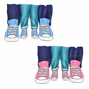 Puede incluir: Tres pares de zapatillas, uno azul y dos rosas, con la parte inferior de las piernas de las personas que las llevan visible. Las zapatillas est&aacute;n todas atadas con cordones blancos.