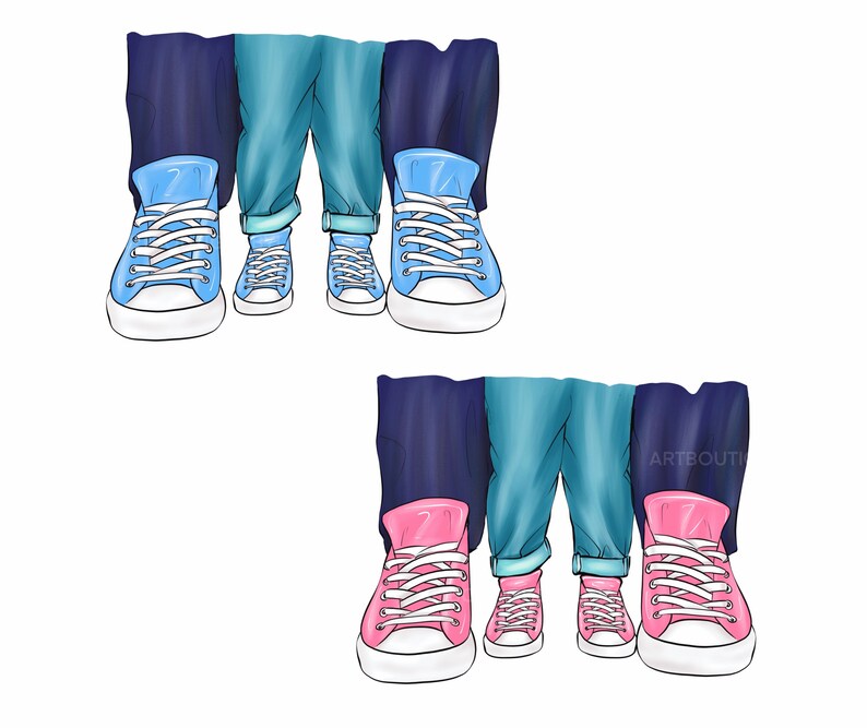 Puede incluir: Tres pares de zapatillas, uno azul y dos rosas, con la parte inferior de las piernas de las personas que las llevan visible. Las zapatillas est&aacute;n todas atadas con cordones blancos.