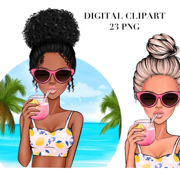 Summer Clipart PNG, Cocktail clipart, Beach clipart, Summer Vibes clipart, African American, Summer vacation, Sublimation graphics