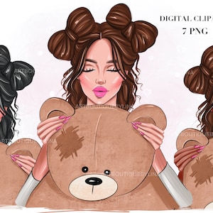 Girl with Bear Clipart: Fashion PNG, Sublimation Design (Digital Download)