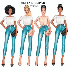 Fashion girl clipart, African American clipart, Afro girls clipart, Jeans girl clipart, Planner girl clipart, Fashion clipart