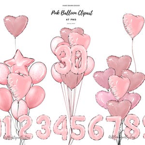 Pink Party Luftballons Clipart | Valentinstag & Geburtstag Ballon Clipart | Herzen, Pink Glitter, Zahlenballon | Digitaler Download