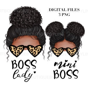 Afro Messy Bun Mama and Mini Boss PNG: Mother&#39;s Day Sublimation Design (Digital Download)