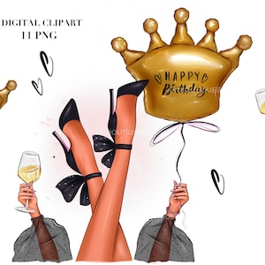 Geburtstag Fashion Mädchen Clipart: Party Illustrationen (11 PNG, digitaler Download)