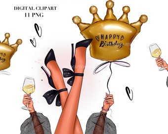 Birthday Fashion Girl Clipart: Party Illustrations (11 PNG, Digital Download)