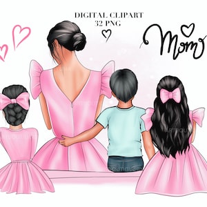 Mother two daughter and son clipart, mom 3 kids clipart, mom clipart, mommy clipart, Mother’s Day clipart